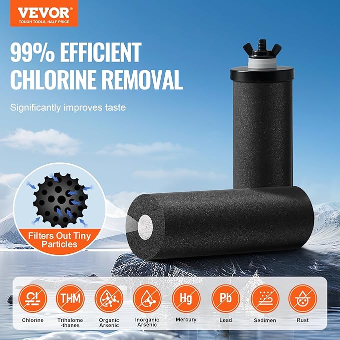 VEVOR Gravity-fed Water Filter System, 2.25G 304 Stainless-Steel Countertop System, Water Filtration System, Reduces Lead and up to 99% of Chlorine, with 2 Carbon Filters, Water Level Spigot, Stand