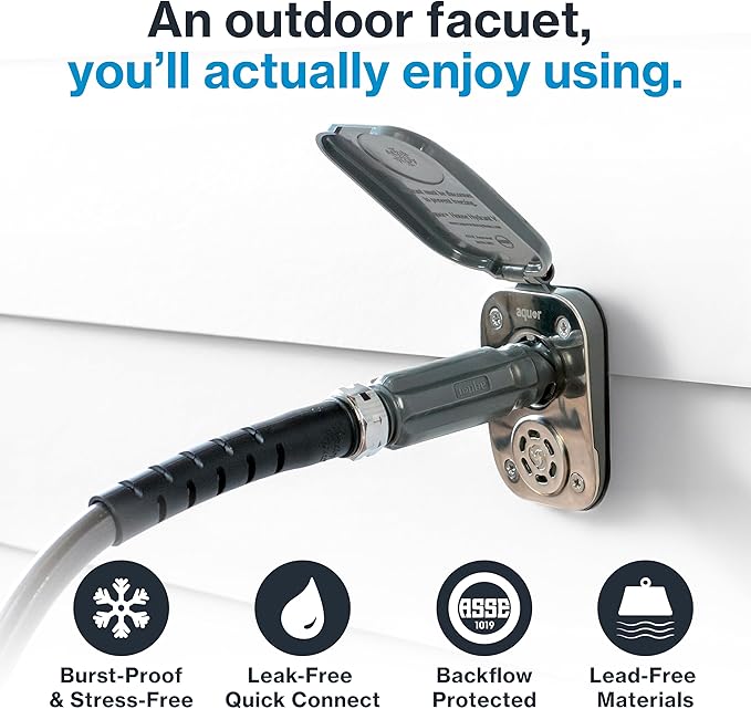 Aquor House Hydrant V2+ Frost Free Outdoor Faucet, Anti Siphon Valve with Quick Connect, Frost Proof Flush Wall Hose Bib, 4 inch Stem, 5-9/16 inch Install Depth, Slate Gray