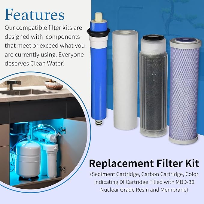 CFS 10" RO/DI Replacement Kit: Sediment, Carbon, DI + 100 GPD TFC Membrane | Color changing MBD-30 mixed bed resin shows exhaustion; RO/DI reverse osmosis filter set for aquarium, reef & lab systems