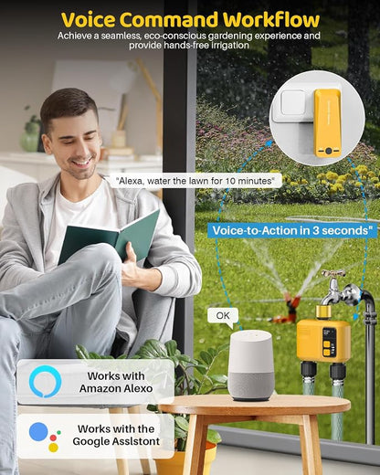 WiFi Water Timer 2 Zone for Garden Hose, Smart Sprinkler Timer with 984ft RF Range, Brass Inlet, APP/Voice Control, Rain Delay, Automatic/Manual Irrigation