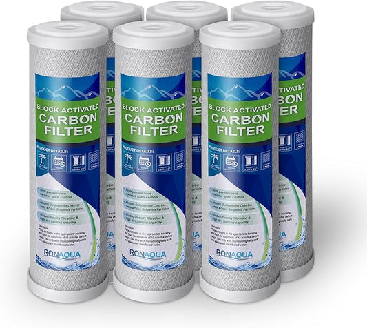 Block Activated Carbon Coconut Shell Water Filter Cartridge 5 Micron for RO & Standard 10” Housing WELL-MATCHED with WFPFC8002, WFPFC9001, WHCF-WHWC, WHEF-WHWC, FXWTC, SCWH-5 (6 Pack)