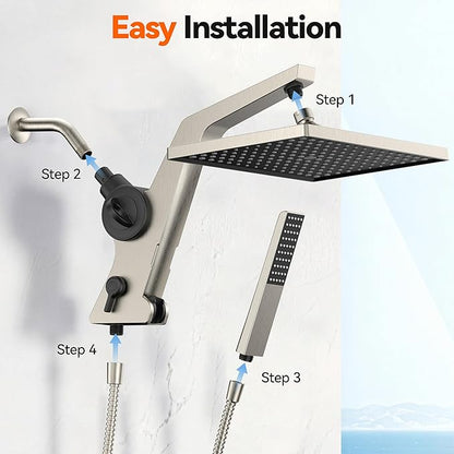 MakeFit Filtered Rain Shower Head with Handheld Combo High Pressure 12'' Rainfall Shower Heads & Hidden Detachable Wand Dual Showerhead Water Softener for Hard Water Easy Filter Replacement