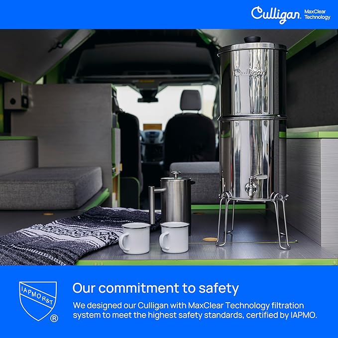 Culligan MaxClear 2.25 Gallon Gravity Water Filter System, Removes Microplastics, PFAS & Lead, NSF/ANSI Certified, Polished Stainless-Steel Countertop Filter with 1 Ceramic Filter