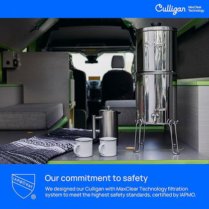 Culligan MaxClear 3 Gallon Gravity Water Filter System, Polished Stainless-Steel Countertop Water Filter NSF/ANSI Certified to Reduce Microplastics, Lead & Total PFAS, with 1 Ceramic Filter