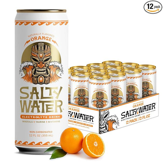 SaltyWater Electrolyte Drink, Orange – Zero Sugar Premium Hydration Drink, 10 Calories, Minerals, Taurine, B-Vitamins, Non-Carbonated - Zero Caffeine Electrolyte Sports Drink - Gluten Free - 12 Pack (12 oz)