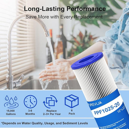 6-Pack 20 Micron Pleated Water Filter Cartridge, 10" x 2.5" Washable & Reusable PET Sediment Filter for Well Water & Whole House Pre-Filter, Compatible with WFPFC3002, WHKF-WHPL, AO-WH-PRE-RP2