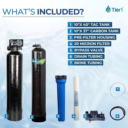 Tier1 32,000 Grain Water Softener & Chloramine Reduction Filter | Whole House 3-in-1 with Catalytic Carbon Filtration & Sediment Pre-Filter | Ideal for 1–2 Bathroom Homes | Metered Valve Control