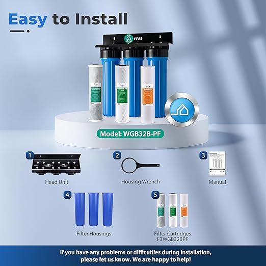 iSpring PFAS Whole House Water Filter System, SGS-Tested to Remove up to 99% PFOA & PFOS, 3-Stage Filtration Reduces Sediment, Chlorine, Taste & Odor, 20-Inch Filters, 1" Inlet/Outlet Model: WGB32B-PF