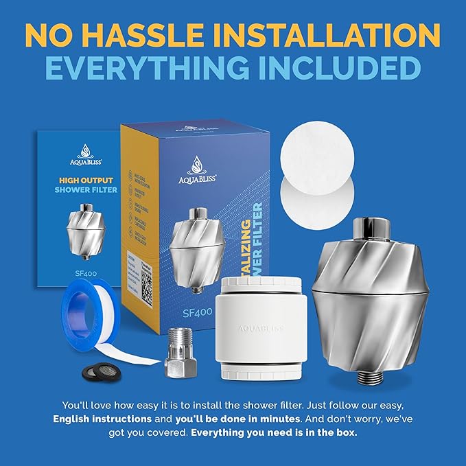 AquaBliss HD Revitalizing Shower Filter - Latest High Output Filtration. 2X Vitamin C, Minerals for Luscious Hair, Skin & Nails - KDF/CS/VC for Reduced Chlorine, Sediment & Metals - Chrome (SF400)
