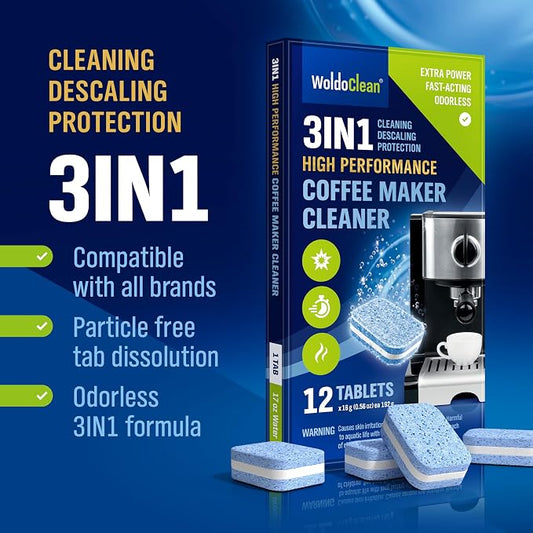 WoldoClean 3-in-1 descaling tablets for fully automatic coffee machines, 12 pieces – airtight sealed in blister packaging, descaler tablets compatible with DeLonghi, Siemens, Jura coffee machines.