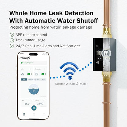Frizzlife LP365 Smart Water Monitor and Automatic Shutoff - 0.01GPM Ultrasonic Micro Leak Detection, APP Wi-Fi Remote Control, Real-Time Flow/Temp Monitoring, 24/7 Water Usage Reports, 1.25" and 1"