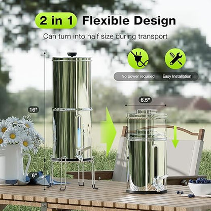 Purewell 1.0 Gallon Portable Gravity Water Filter System, 4-Stage 0.01μm Ultra-Filtration Countertop System with Water Level Window and Stand, Reduce Fluoride & Chlorine, for Camping, RVing (PW-1G-KF)