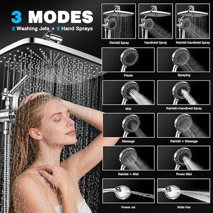 Rainfall Shower Head With Handheld Combo, Adjustable Drivse Filtered Shower Heads with Handheld Spray Combo, One-piece High Pressure, Built-in Magnetic Docking and Power Jets