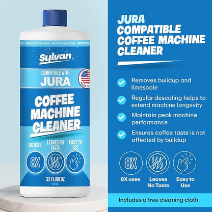 Jura Compatible Descaling Solution | Free Cleaning Cloth | 12 Month Supply | Made in the USA | Descaler for all Jura Machines | 32 Oz | Coffee Machine Cleaner for Coffee Makers | Descales and Cleans