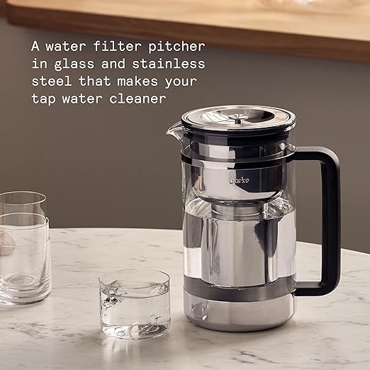 Aarke Purifier Large Glass Pitcher Bundle w/Steel Filter, BPA-Free, 4 Pure Refill Granules - Filters Heavy Metals, 2.8L Pitcher with 1.66L Filtration Capacity