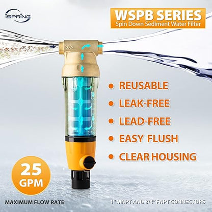 iSpring WSP100B Large Reusable Whole House Spin Down Sediment Water Filter with Built-in Housing Scraper and Brass Top Clear Housing, 100 Micron