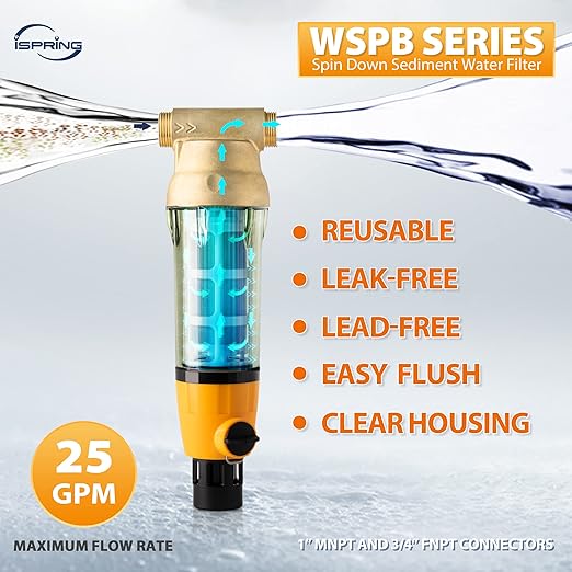 iSpring WSP50B Reusable Whole House Spin Down Sediment Water Filter, Fast Flow with Built-in Housing Scraper and Brass Top Clear Housing, 50 Micron