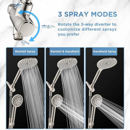MakeFit Dual Filtered Rain Shower Head Combo, High Pressure Handheld Shower Head with Adjustable Bar - Rainfall Shower Head And Showerhead with Filter for Hard Water - Removes Chlorine(Brushed Nickel)