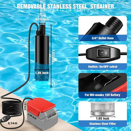 Mini Water Pump Compatible with Milwaukee M18 Battery, 500GPH Portable Sump Pump with Sediment Filters, for Pool Draining, Garden, Pond, Deep Well (Tool Only)