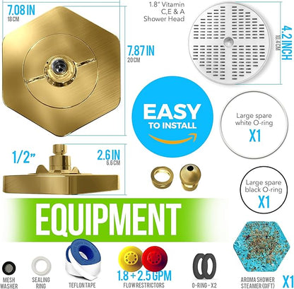AquaHomeGroup Luxury Rain Shower Head with Filter - Reduces Chlorine, Rust and Sediment - Vitamin C E and A - High Pressure - Spa Effect - Golden