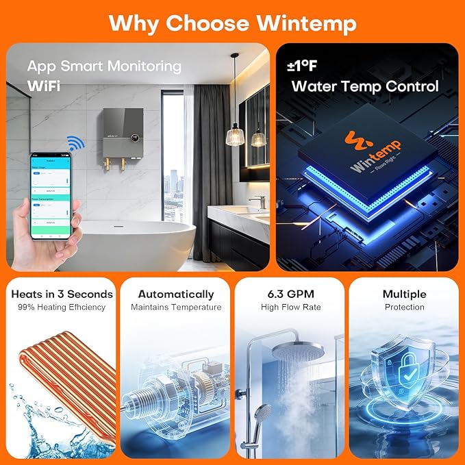 27kW Tankless Water Heater Electric 240V, On Demand Hot Water, Automatically Maintains Water Temperature, Up to 6.5 GPM, WiFi Control, ETL Eertified, Eco, WM27V Plus