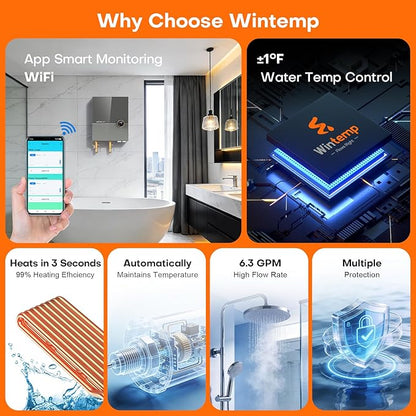 27kW Tankless Water Heater Electric 240V, On Demand Hot Water, Automatically Maintains Water Temperature, Up to 6.5 GPM, WiFi Control, ETL Eertified, Eco, WM27V Plus