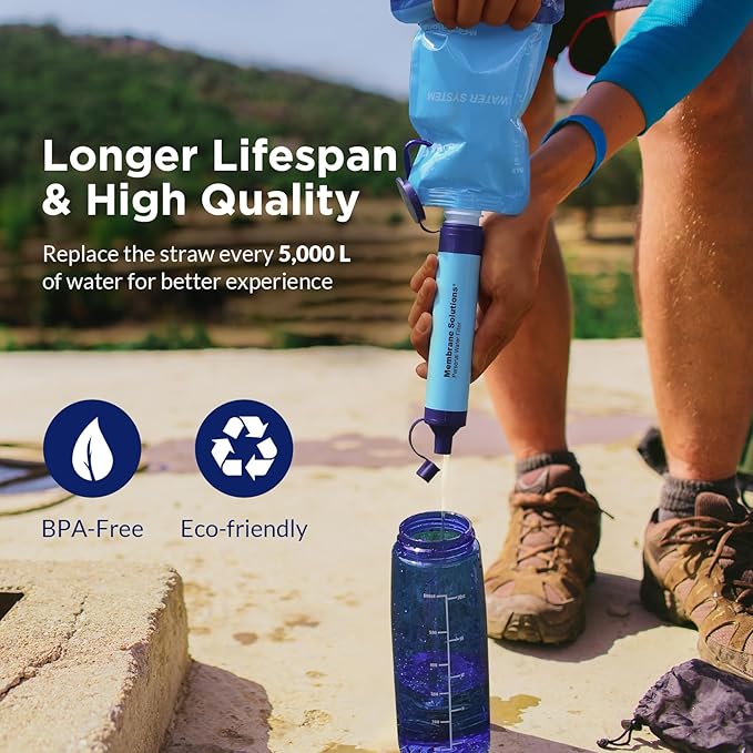Membrane Solutions Squeezable Water Filtration System, Survival Water Purifier Kit, Portable Backpacking Gear Including Water Filter Straw and 23oz Collapsible Bottle for Hiking Camping Travel(2+2)