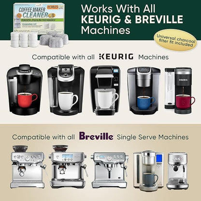 Coffee Maker Cleaner Tablets – 24 Count, Descaling Tablets for Keurig and Breville Machines – Includes 6 Water Filter Cartridges – Deep Cleaning Descaler Tab for Espresso & Single-Serve Coffee Makers
