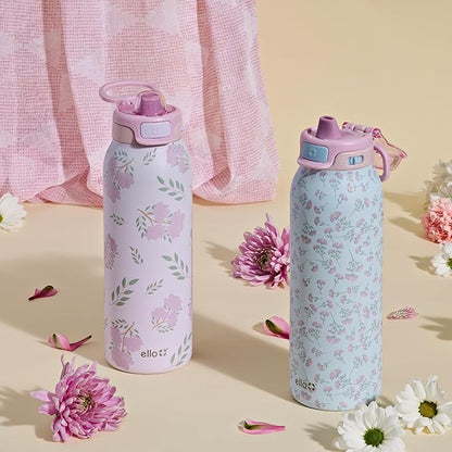 Ello Pop & Fill 32oz Stainless Steel Water Bottle with QuickFill Technology, Double Walled and Vacuum Insulated Metal, Leak Proof Locking Lid, Straw and Chug, Reusable, BPA Free, Blossom Bliss