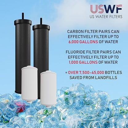 USWF Gravity Fed Water Filter System, 2.25 Gal Stainless Steel, w/ 2 Carbon Filters, 2 Fluoride Filters, Portable w/Metal Sight Glass Spigot & Stand, NSF/ANSI 372 Certified