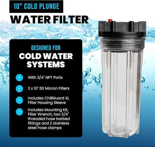Cold Plunge Filter System with 10" Housing, 3/4" Ports, 2x 50 Micron Filters & ChillGuard XL Sleeve, Ice Bath Water Filtration Kit for Cold Plunge Tubs, Pools & Recovery Tanks