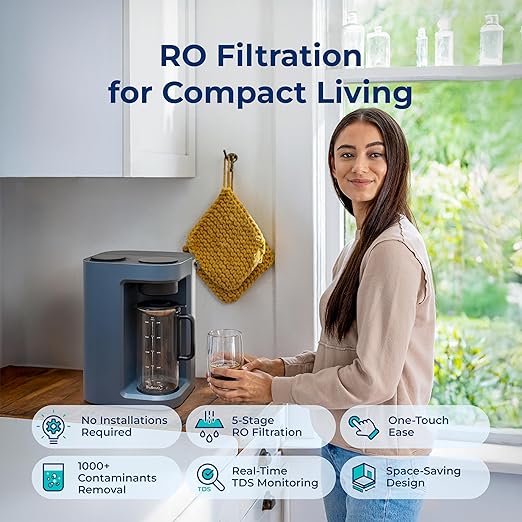 Bluevua RO100ROPOT-Lite Countertop Reverse Osmosis Water Filter System, 3:1 Pure to Drain Ratio, Portable RO Filtration with Remineralization, No Installation, WQA Certified, 6-Stage Blue