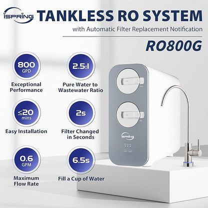 iSpring RO800G Tankless Reverse Osmosis System, 800 GPD Under Sink Water Filter with 2.5:1 Pure to Drain Ratio, TDS & PFAS Reduction, Space Saving Design, Includes Brushed Nickel Faucet