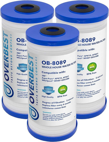Overbest 10" x 4.5" Whole House Water Filte Replacernent for 3M®Aqua-Pure®AP810, AP811, AP801, AP801-C, AP801T, P801B, Whirlpool® WHKF-GD25BB, VWHKF-DWHBB, 5 Micron Well & Tap Water Filter, Pack of 3 | Replacement for 3M® Aqua-Pure® AP811, AP801, AP801...