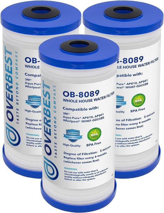 Overbest 10" x 4.5" Whole House Water Filte Replacernent for 3M®Aqua-Pure®AP810, AP811, AP801, AP801-C, AP801T, P801B, Whirlpool® WHKF-GD25BB, VWHKF-DWHBB, 5 Micron Well & Tap Water Filter, Pack of 3 | Replacement for 3M® Aqua-Pure® AP811, AP801, AP801...