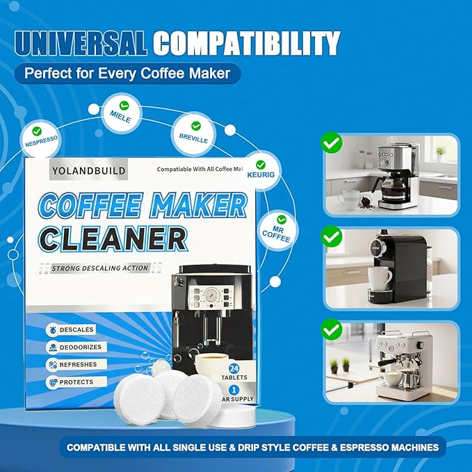 Coffee Machine Cleaner Descaler Tablets - 24 Count,Maker Cleaner for Keurig, Nespresso,Ninja, Delonghi, Miele, Coffee Maker Pot Descaling, Descale Drip Coffe and Espresso Machines