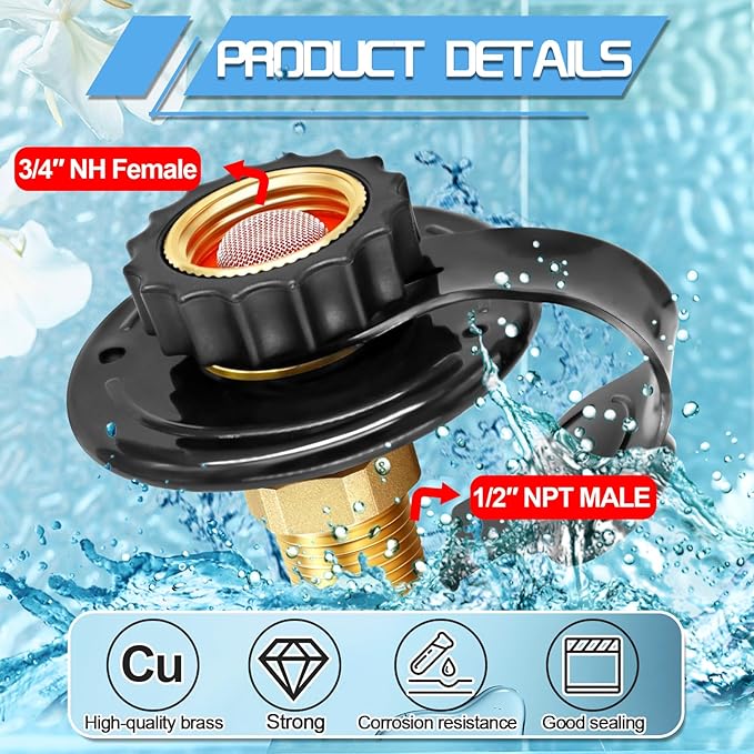 FANOVO RV City Water Inlet,RV Water Inlet Replacement with 3/4 NH Female to 1/2 NPT Male,RV City Water Inlet with Check Valve for RV Marine Camper Motorhome Trailer