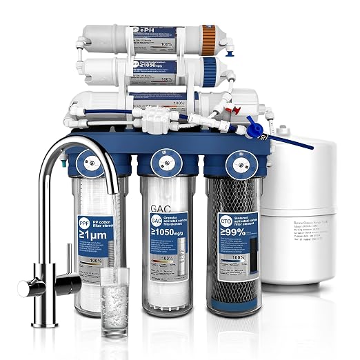 Level 6 RO Reverse Osmosis Filtration System—Under-Sink Water Purifier + 6 Filter Cartridges (Includes Faucet and Storage Tank), Featuring pH Adjustment and Mineral Replenishment, 100 GDP