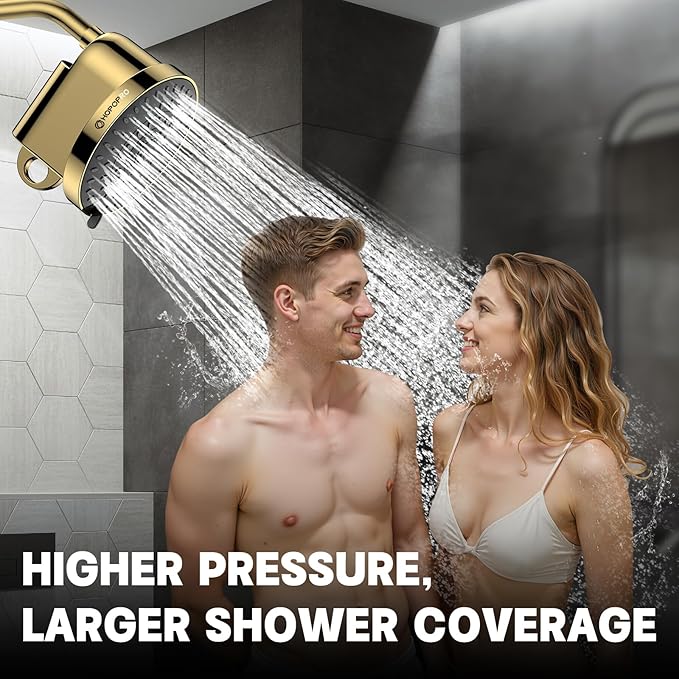 High Flow Filtered Shower Head, HOPOPRO 5 Modes High Pressure Fixed Showerhead with NSF Certified Filter Replacement Cartridge, Remove 99% Chlorine, Improves Skin Hair Condition (6 Inch Gold)
