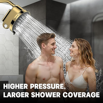 High Flow Filtered Shower Head, HOPOPRO 5 Modes High Pressure Fixed Showerhead with NSF Certified Filter Replacement Cartridge, Remove 99% Chlorine, Improves Skin Hair Condition (6 Inch Gold)