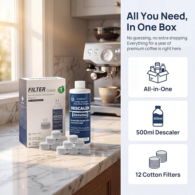 12-Pack Charcoal Water Filters & 16.9 fl Oz Descaling Solution Kit, Compatible with DeLonghi Coffee Machines, Complete Maintenance Bundle (5 Uses) (2)