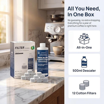 12-Pack Charcoal Water Filters & 16.9 fl Oz Descaling Solution Kit, Compatible with DeLonghi Coffee Machines, Complete Maintenance Bundle (5 Uses) (2)