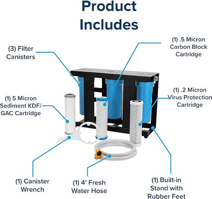 Camco Evo X3 Triple Stage Premium RV Water Filter Kit — Travel Accessory for Clean, Great-Tasting Water — Superior 0.2-Micron Filtration — Carbon Water Filter Removes Viruses, Bacteria, etc.