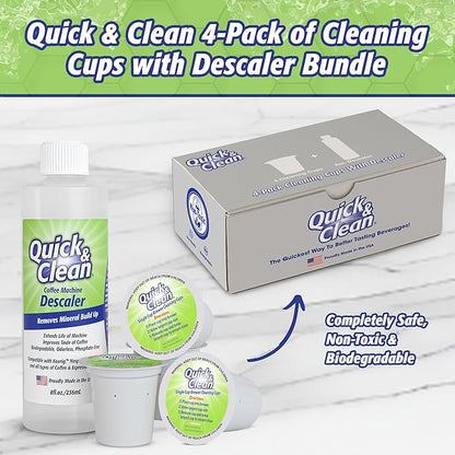 Quick & Clean 4-Pack of Cleaning Cups with Descaler Bundle (2 Total Uses) - 2.0 Compatible, Descaling Solution for Keurig, Nespresso, Ninja, Delonghi, All Coffee and Espresso Machines