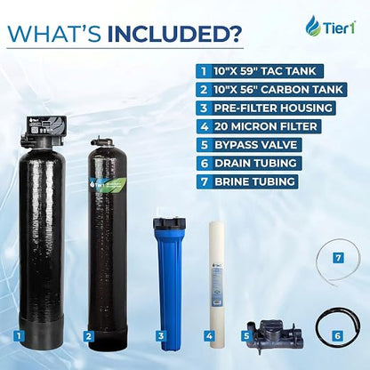 Tier1 48,000 Grain Water Softener & Chlorine Reduction Filter | Whole House 3-in-1 with Carbon Reduction & Sediment Pre-Filter | Ideal for 3–4 Bathroom Homes | Metered Valve Control