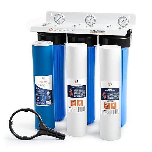 Aquaboon 3-Stage Water Filter System with 20x4.5 GAC & Sediment Filters for Whole House Water Filtration System with Gauge & Release, Wrench, Bracket