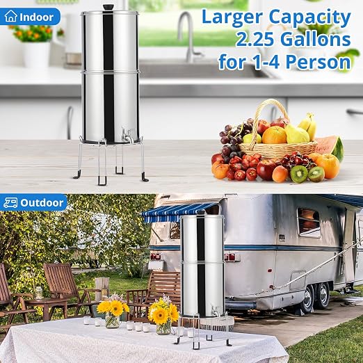 304 Stainless Steel Force Water Filter System – 2.25 Gallon Countertop Purifier – Dual Black Carbon Filters – Medium Version – USA Specification
