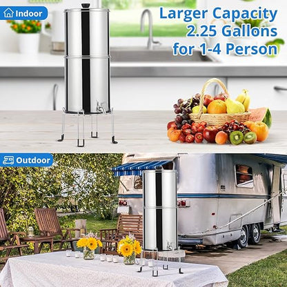 304 Stainless Steel Force Water Filter System – 2.25 Gallon Countertop Purifier – Dual Black Carbon Filters – Medium Version – USA Specification
