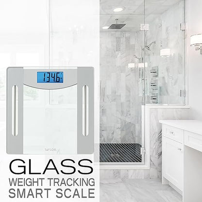 Taylor Smart Weight Tracking Scale with Precision Hub App for Body Weight with Smart App Connectivity, 400 lb Capacity, Glass & Silver Platform, Blue Backlit Display, Sync with 3rd Party App, Clear
