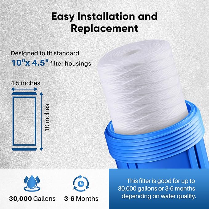 PUREPLUS 10 Micron 10 x 4.5 Whole House String Wound Sediment Filter for Well Water, Replacement Cartridge for 84637, WPX5BB97P, PC10, CW5-BBS, 355215-45, 3Pack